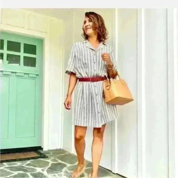 🌈 Navy White Striped Linen Button Front Shirt Dress Size XL - Picture 1 of 16